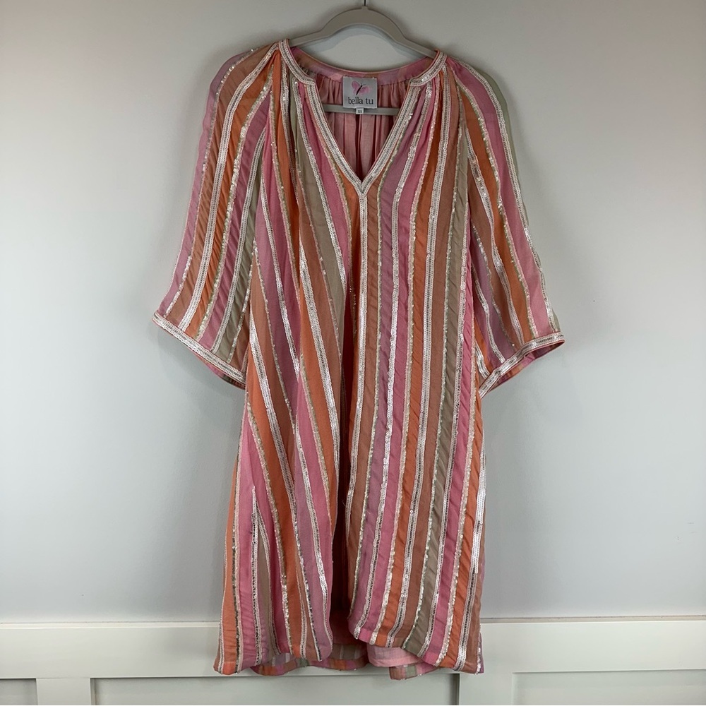 Bella Tu Pink Orange Stripe Sequin 1/2 Sleeve Party Flashy Petra Tunic Dress XS